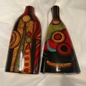 Abstract Painted Bottle Vase Pair in Red, Green and Gold